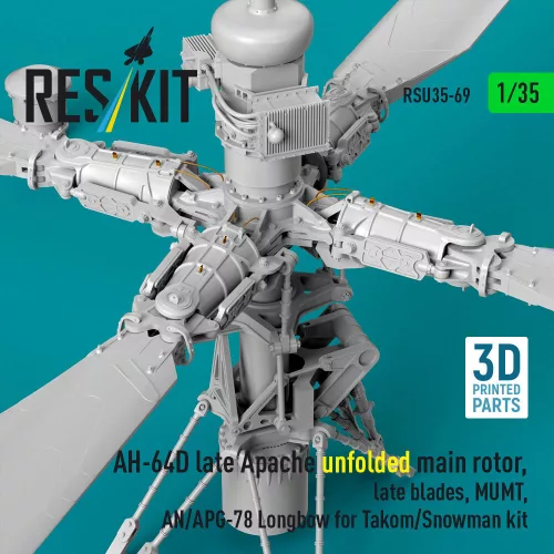 ResKit Models 1:35 AH-64D late Apache unfolded main rotor, late blades, MUMT, AN/APG-78 Longbow for Takom/Snowman kit (3D Printed)