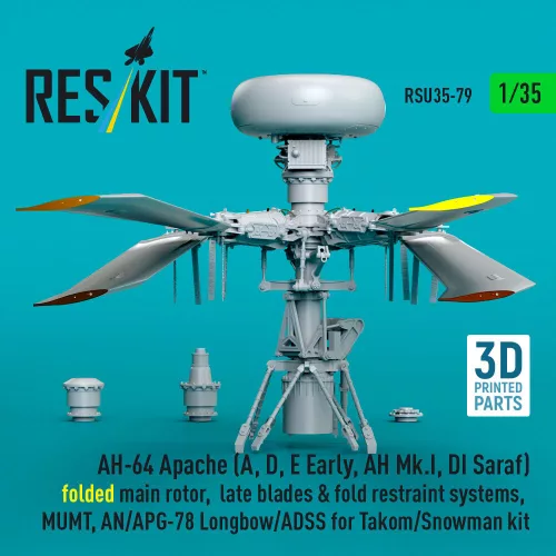 ResKit Models 1:35 AH-64E late Apache folded main rotor, late blades & fold restraint systems, MUMT, AN/APG-78 Longbow for Takom/Snowman kit (3D Printed)