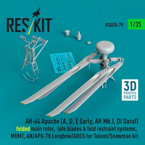 ResKit Models 1:35 AH-64E late Apache folded main rotor, late blades & fold restraint systems, MUMT, AN/APG-78 Longbow for Takom/Snowman kit (3D Printed)