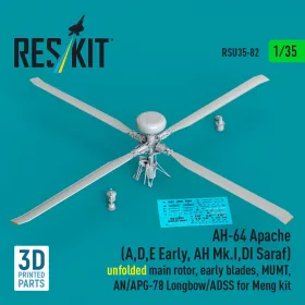   ResKit Models 1:35 AH-64 Apache (A,D,E Early, AH Mk.I,DI Saraf) unfolded main rotor, early blades, MUMT, AN/APG-78 Longbow/ADSS for Meng kit (3D Printed)(1/35)