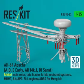   ResKit Models 1:35 AH-64 Apache (A,D, E Early, AH Mk.I, DI Saraf) folded main rotor, late blades & fold restraint systems, MUMT, AN/APG-78 Longbow/ADSS for Meng kit (3D Printed)