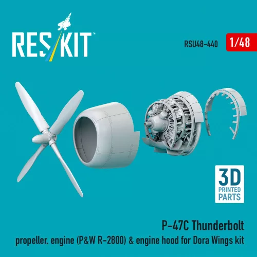 ResKit Models 1:48 P-47C Thunderbolt propeller, engine (P&W R-2800) & engine hood (3D Printed) for Dora Wings