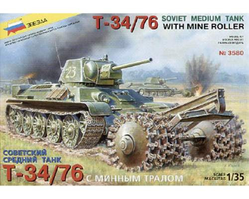 Zvezda 1:35 T-34:76 Soviet Tank with Mine Roller 3580 harcjármű makett