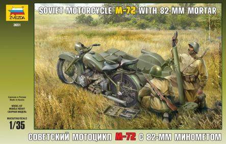 Zvezda 1:35 Soviet Motorcycle M-72 with Mortar 3651 harcjármű makett